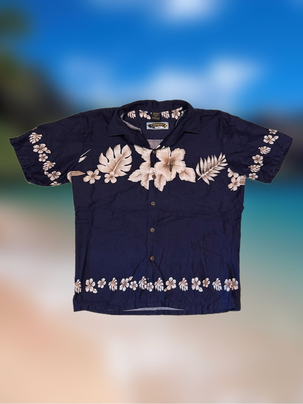Palmwave Men’s Size Large Blue Floral Hawaiian 100% Cotton Woven Button-Up Shirt